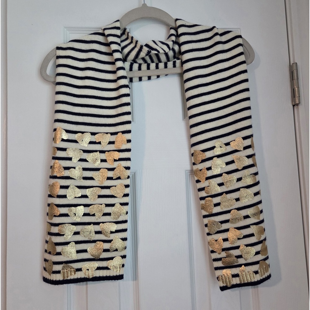 Crewcuts J Crew Girls Striped Scarf Gold Sequin Hearts Knit Wool Cashmere Navy